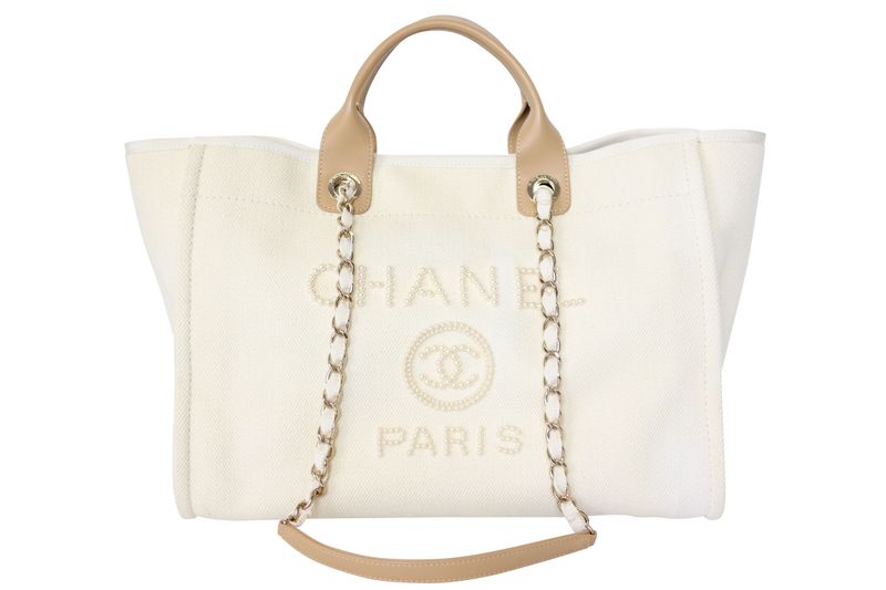 Chanel Deauville Tote Medium Bag, Natural Beige Canvas with Pearl, Beige Leather and Gold Hardware, Preowned in Box WA001