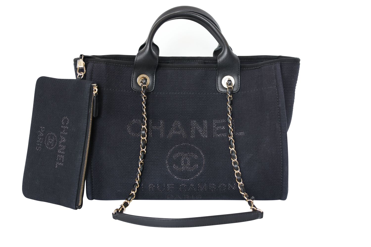 Chanel Deauville Small Tote Bag, Black Canvas and Leather with Gold Hardware, Preowned in Box WA001