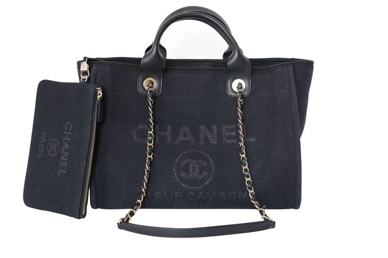 Chanel Deauville Small Tote Bag, Black Canvas and Leather with Gold Hardware, Preowned in Box WA001