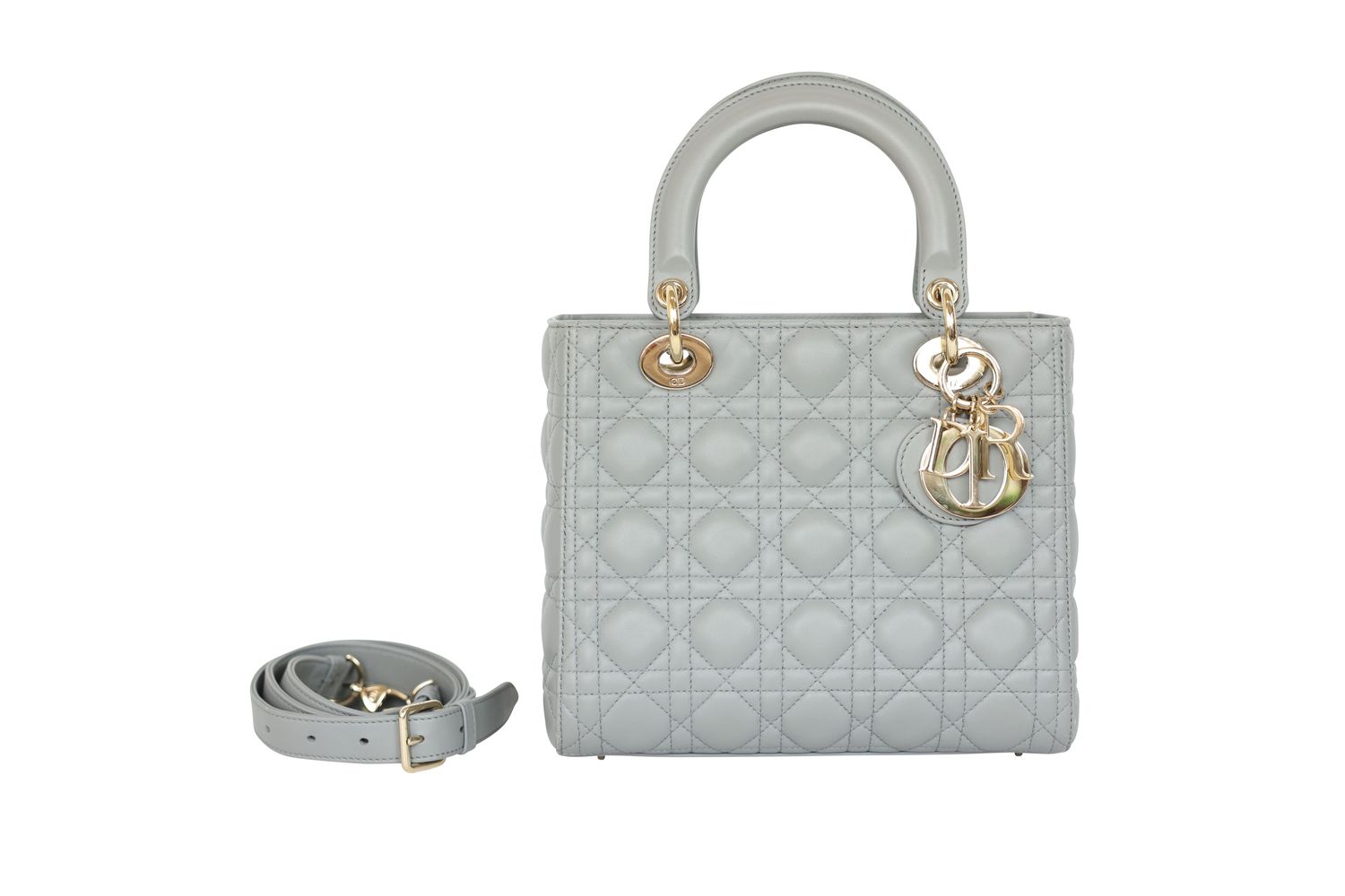 Christian Dior Lady Dior Medium Bag, Gray Cannage Lambskin Leather and Gold Hardware, Preowned in Dustbag WA001