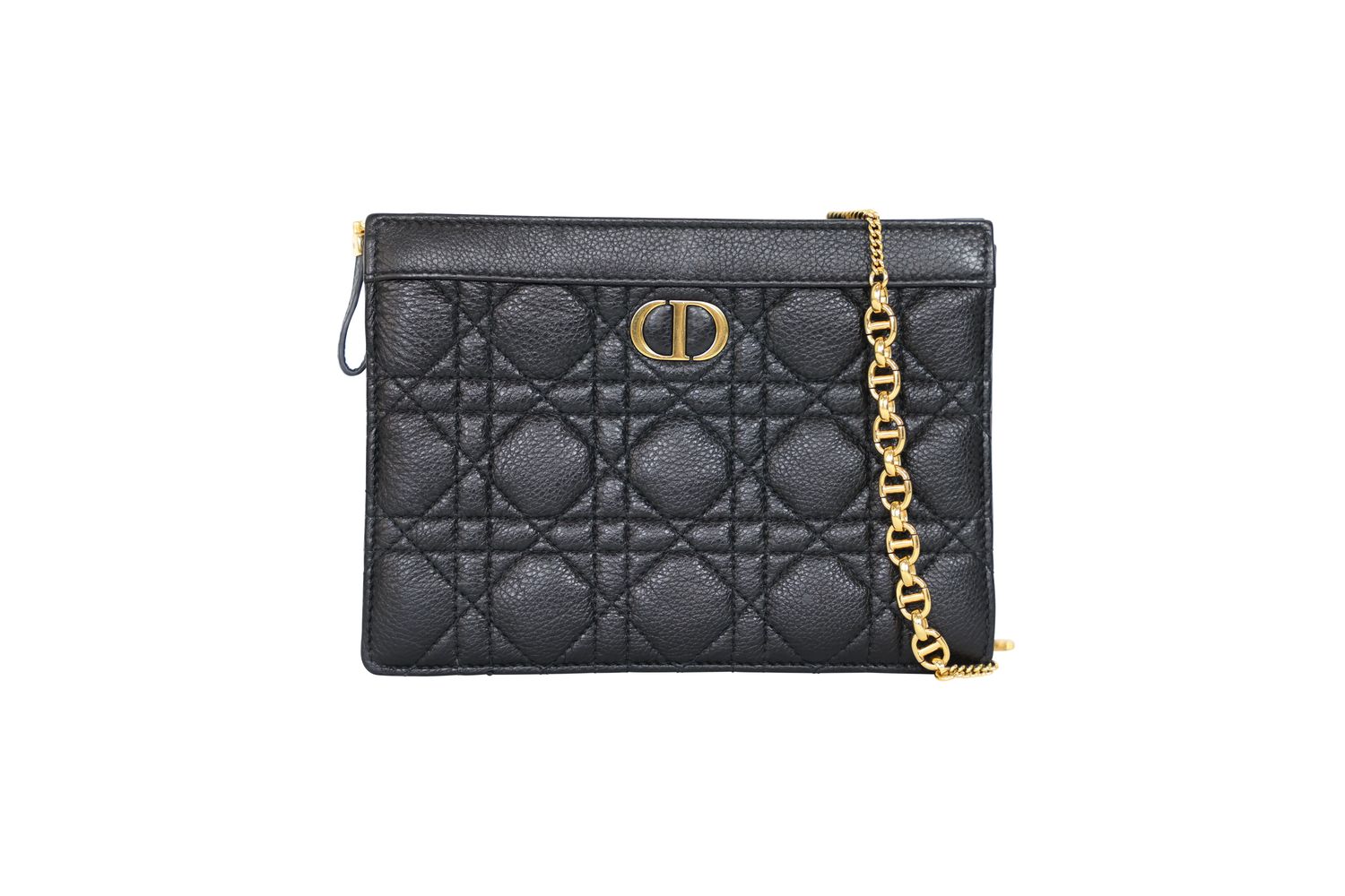 Christian Dior Caro Pouch with Chain, Black Cannage Leather and Gold Hardware, Preowned in Dustbag WA001