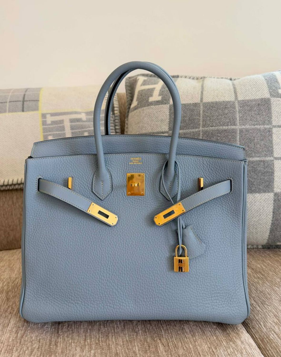 Preorder Hermes Birkin 35, Blue Lin Togo Leather, Gold hardware, Stamp P, Preowend in Dustbag MA001