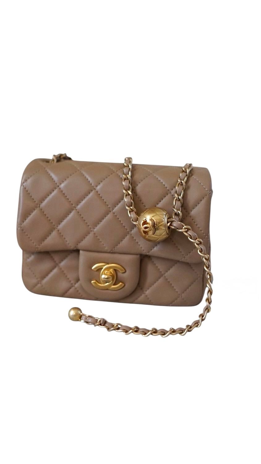 Chanel Pearl Crush Mini, Dark Beige Calfskin Leather, Gold Hardware, Like New in Box MA001