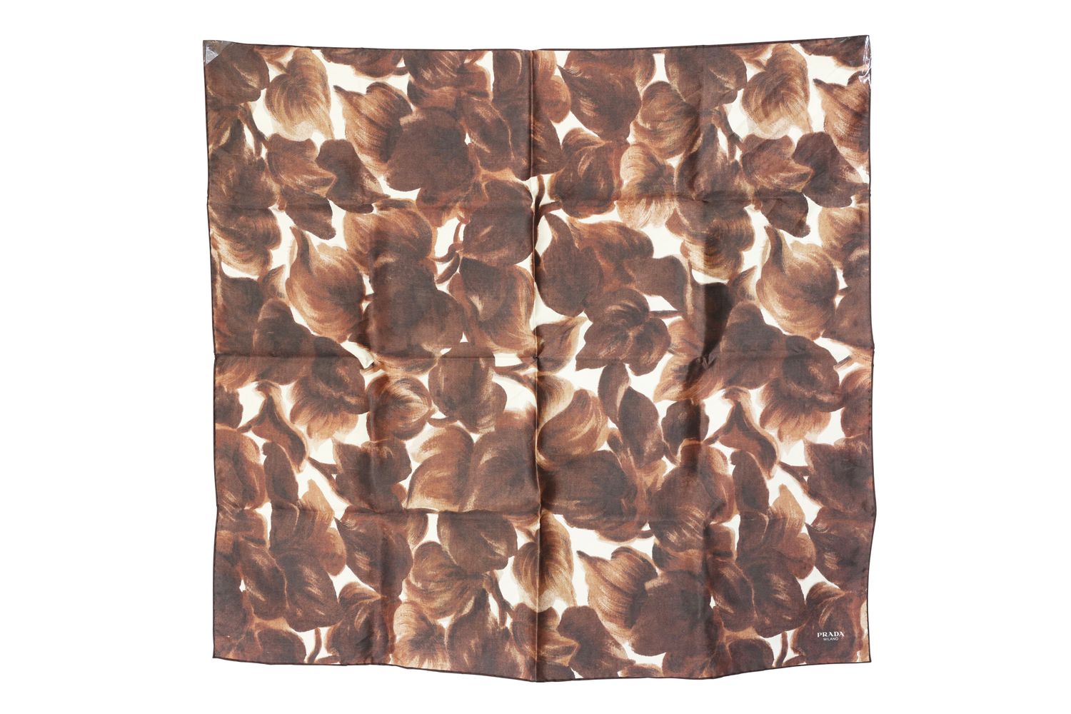 Prada Abstract Floral Scarf, Brown Shantung Silk, New in Box WA001