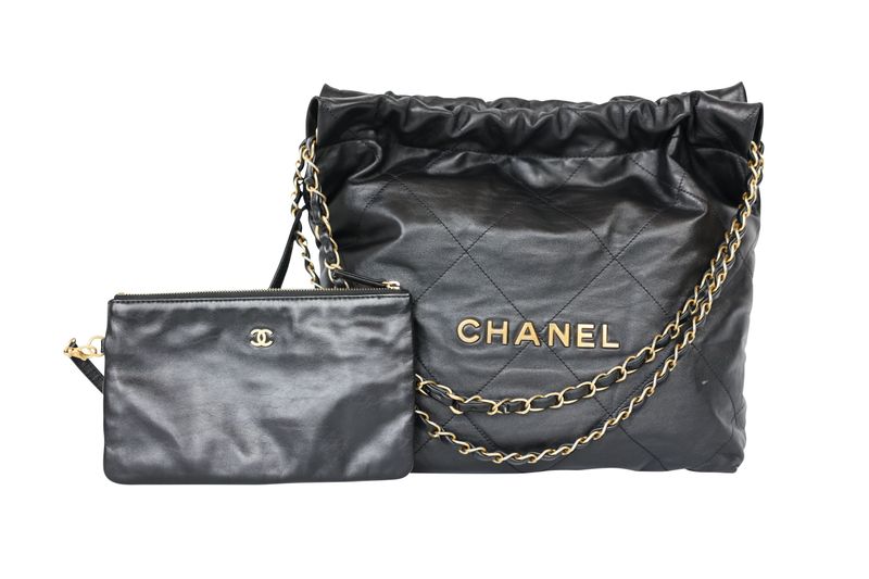 Chanel 22 Small Bag Set, Black Shiny Calfskin and Gold Hardware, Preowned in Box WA001