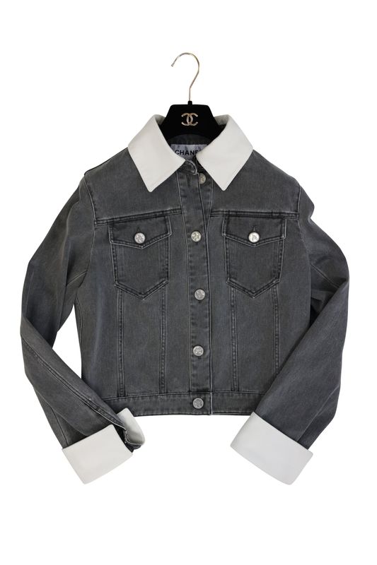 Chanel 25P Denim Jacket, Dark Gray Cotton with Silver Hardware, Size 34, New in Dustbag WA001