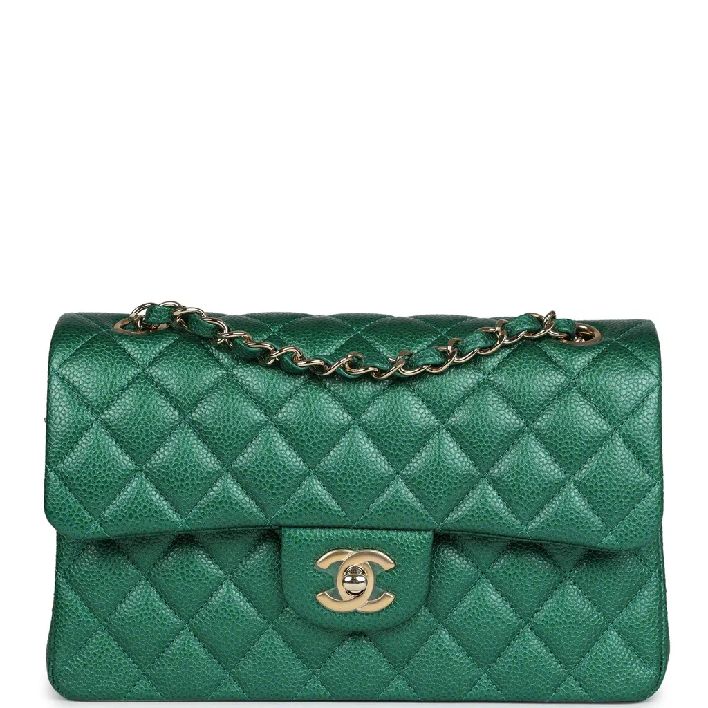 Chanel Small Classic Double Flap Bag Emerald Green Shiny Caviar Gold Hardware KJRB088