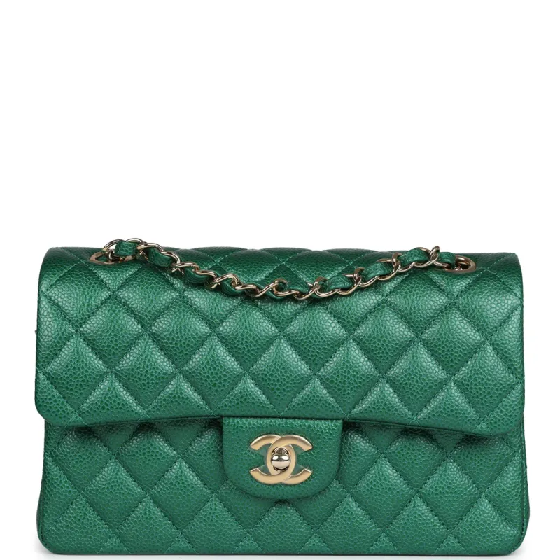Chanel Small Classic Double Flap Bag Emerald Green Shiny Caviar Gold Hardware KJRB088