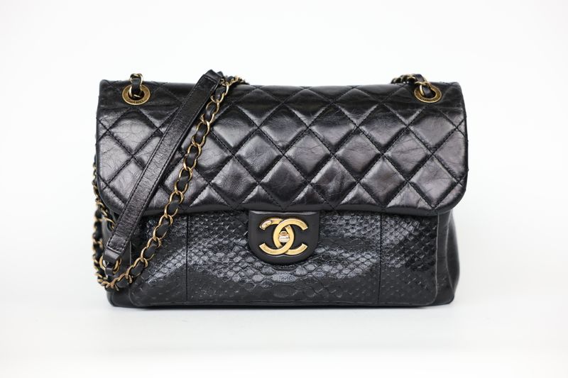 Chanel Urban Mix Flap Bag, Black Glazed Quilted Calfskin and Python with Gold Hardware, Preowned in Box WA001