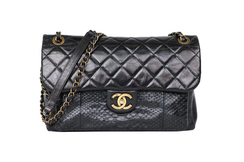 Chanel Urban Mix Flap Bag, Black Glazed Quilted Calfskin and Python with Gold Hardware, Preowned in Box WA001