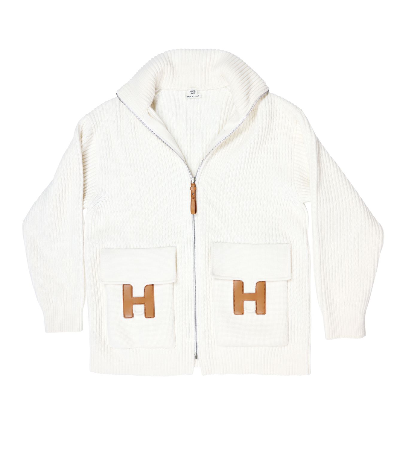 Hermes Cardigan White With Brown Leather Details, Size 38 New In Box WA001