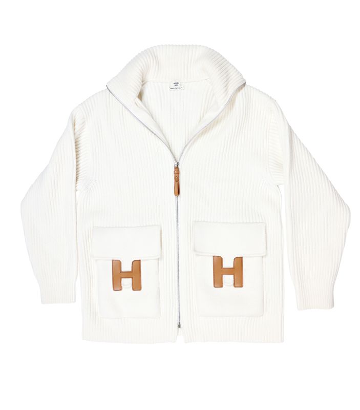 Hermes Cardigan White With Brown Leather Details, Size 38 New In Box WA001