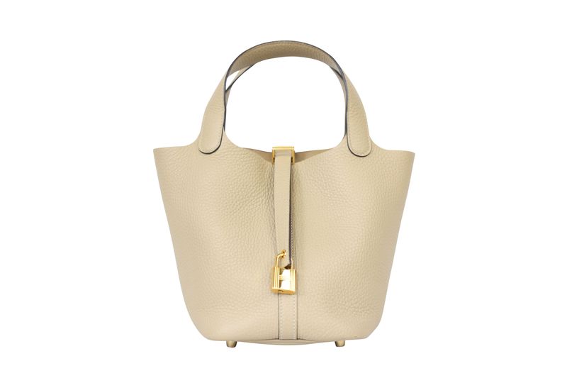Hermes Picotin 18 Lock PM Bag, Beige Biscuit Clemence Leather and Gold Hardware, K 2025 Stamp, Preowned in Box WA001