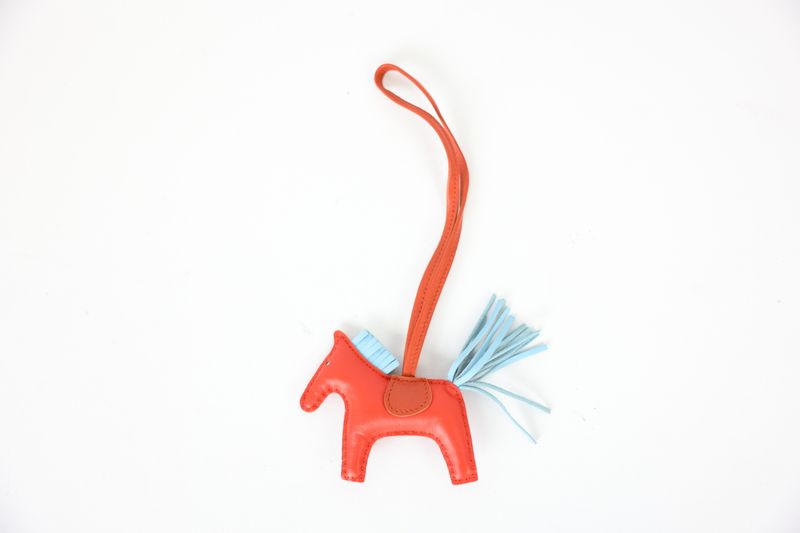 Hermes Rodeo PM Bag Charm, Red and Blue, Capucine Celeste Cornaline Milo Lambskin, C 2108 Stamp, Preowned in Box WA001