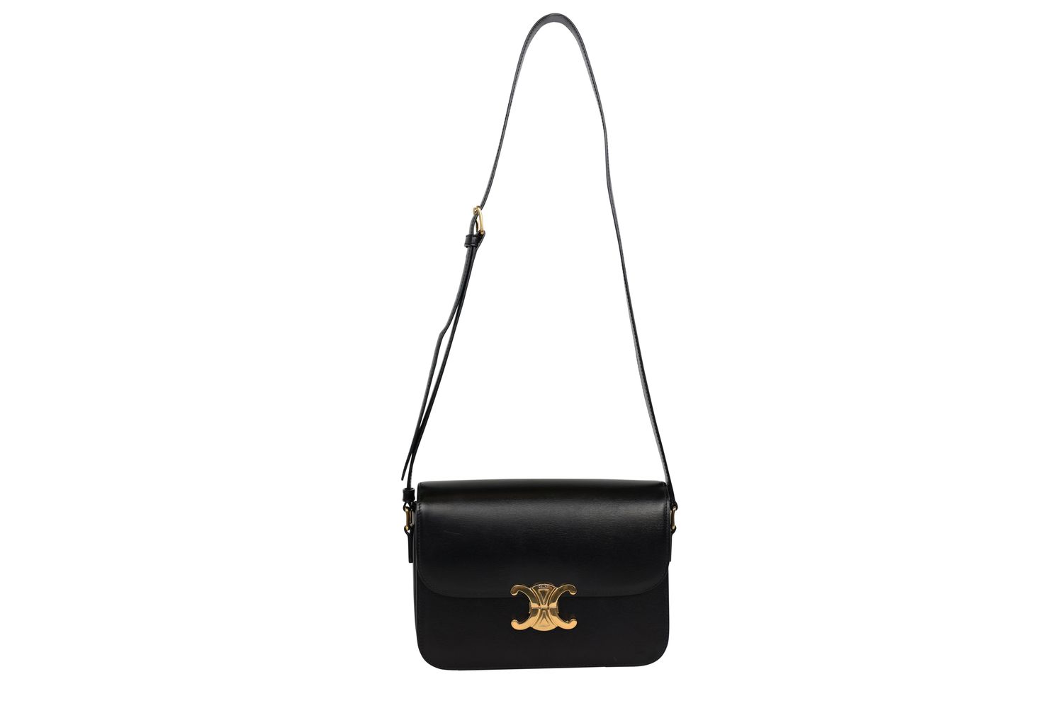 Celine Triomphe Shoulder Medium Bag, Black Calfskin and Gold Hardware, Preowned No Dustbag WA001