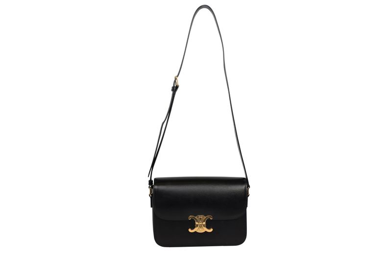Celine Triomphe Shoulder Medium Bag, Black Calfskin and Gold Hardware, Preowned No Dustbag WA001