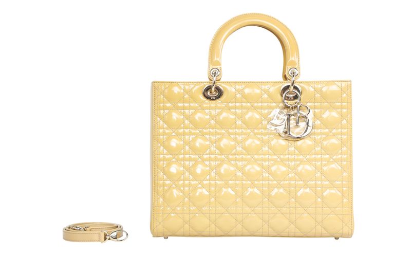 Christian Dior Lady Dior Large Bag, Yellow Cannage Patent Leather and Silver Hardware, Preowned No Dustbag WA001