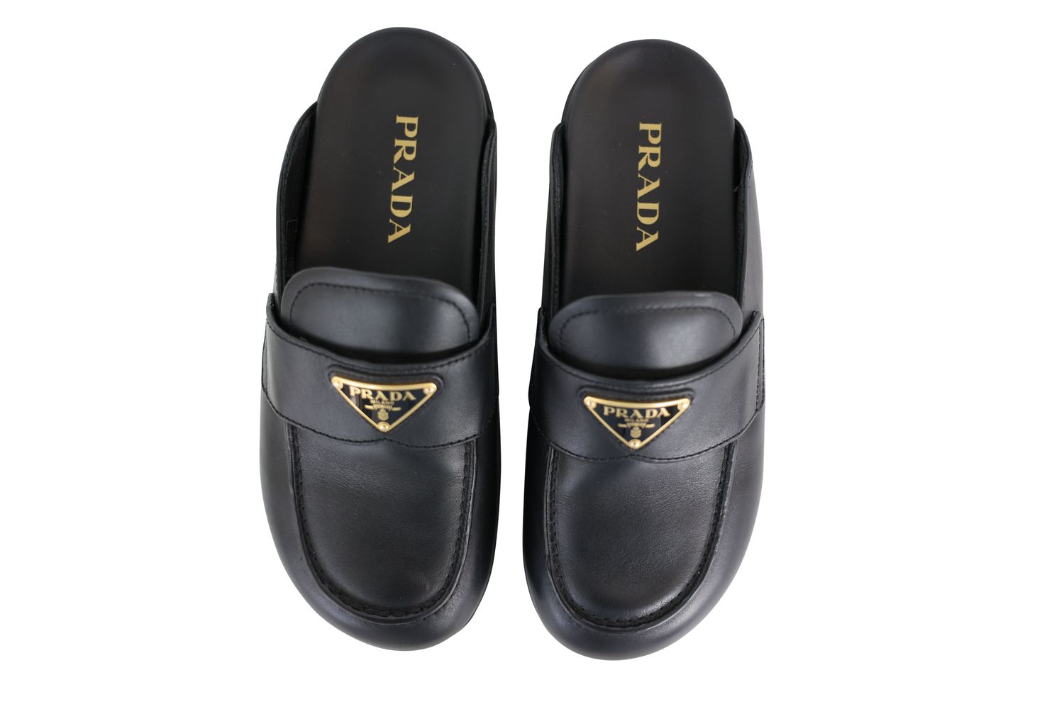 Prada Triangle Mule Shoes, Black Leather and Gold Hardware, Size 37, New in Dustbag WA001