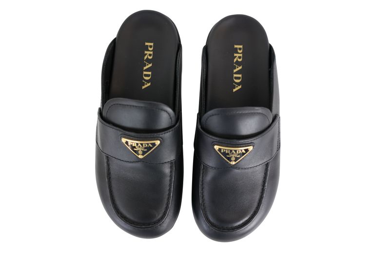 Prada Triangle Mule Shoes, Black Leather and Gold Hardware, Size 37, New in Dustbag WA001