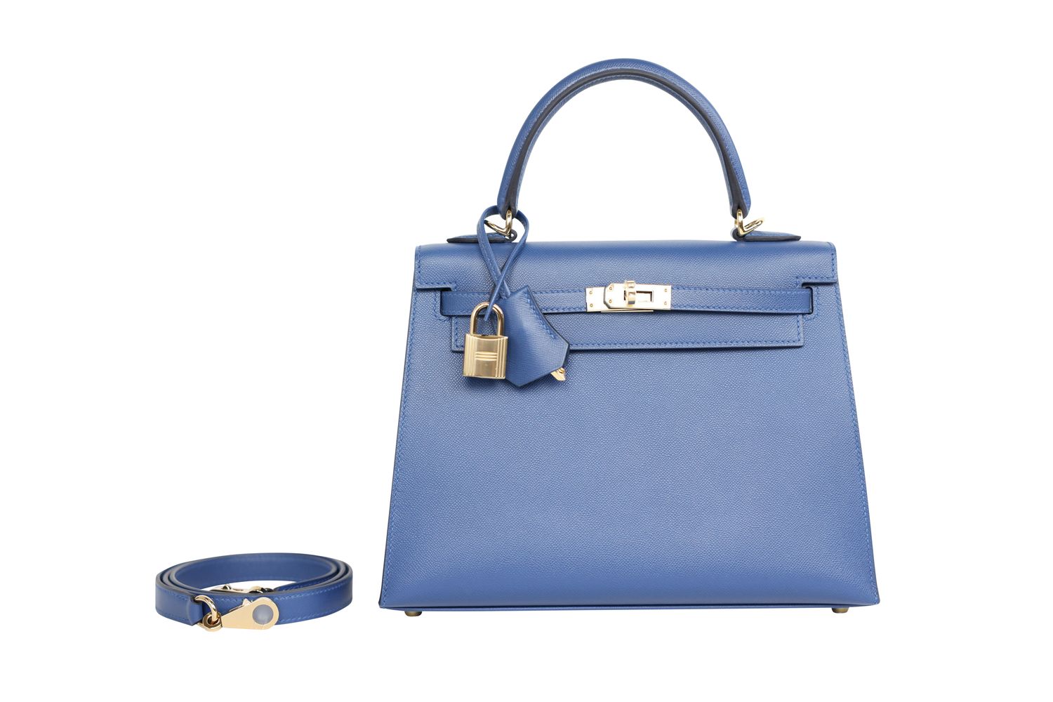 Hermes Kelly 25 Sellier Handbag, Blue Bleu Tie Madame Leather and Pembrass Hardware, K 2025 Stamp, New in Box WA001