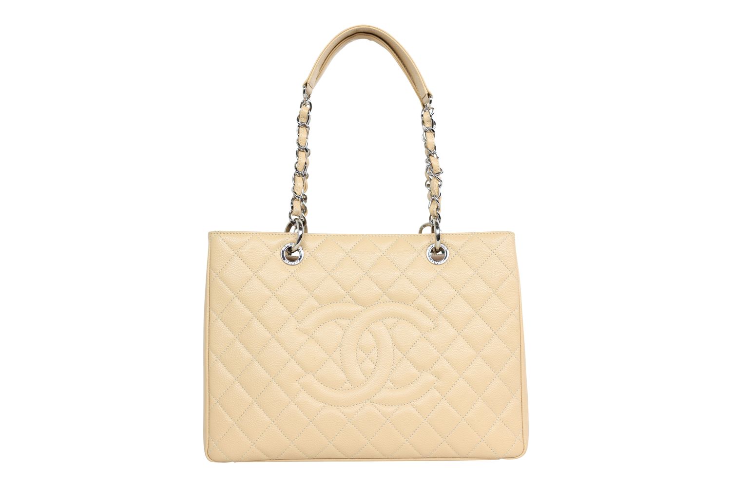 Chanel GST Grand Shopping Tote Bag, Beige Quilted Caviar and Silver Hardware, Preowned in Box WA001