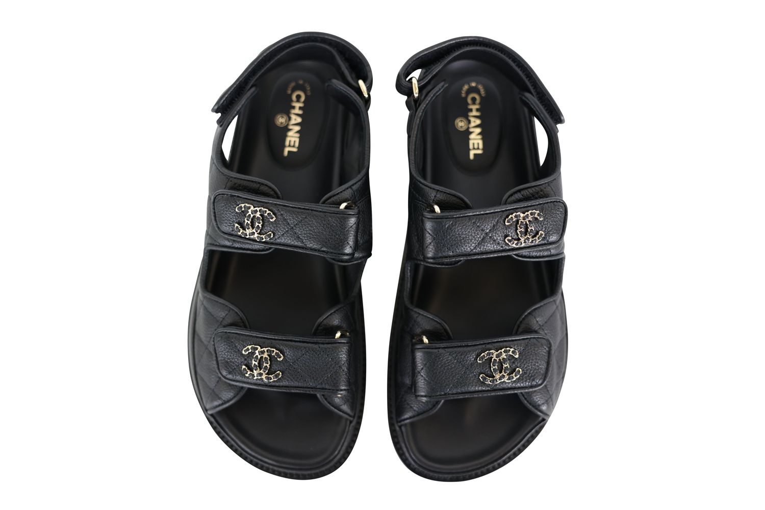 Chanel 21C Dad Sandals, Black Grained Calfskin and Gold Hardware, Size 37, New in Box WA001