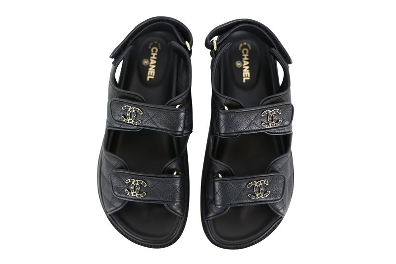 Chanel 21C Dad Sandals, Black Grained Calfskin and Gold Hardware, Size 37, New in Box WA001