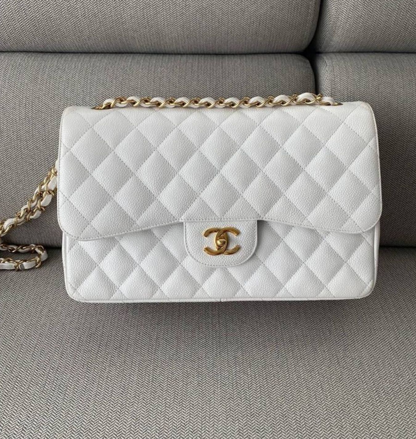 Preorder Chanel Jumbo White Caviar Double Flap Gold Hardware CC001