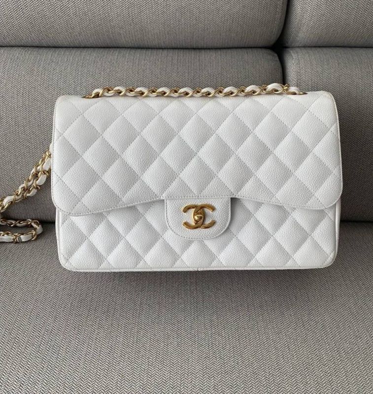Preorder Chanel Jumbo White Caviar Double Flap Gold Hardware CC001