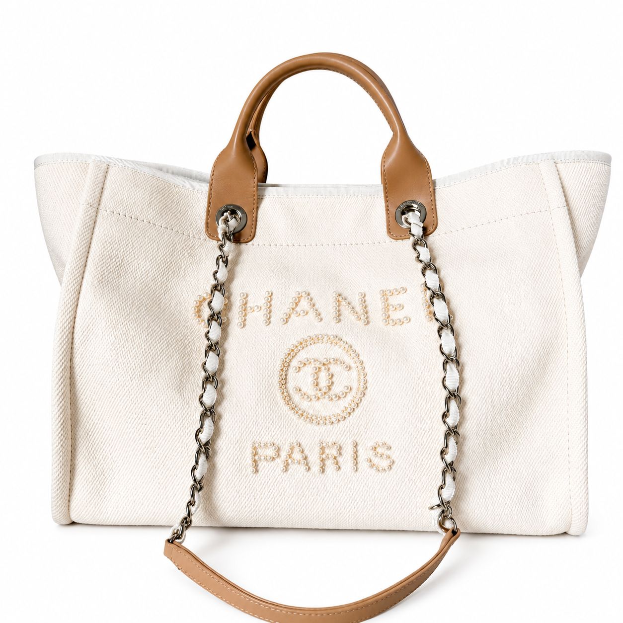 Chanel Deauville, Pearl Beige, Caramel Handle, Like New in Dustbag MA001