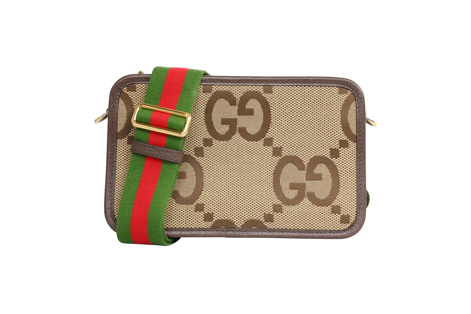 Gucci Camera Bag, Jumbo GG Canvas and Brown Leather with Gold Hardware, Preowned No Dustbag WA001