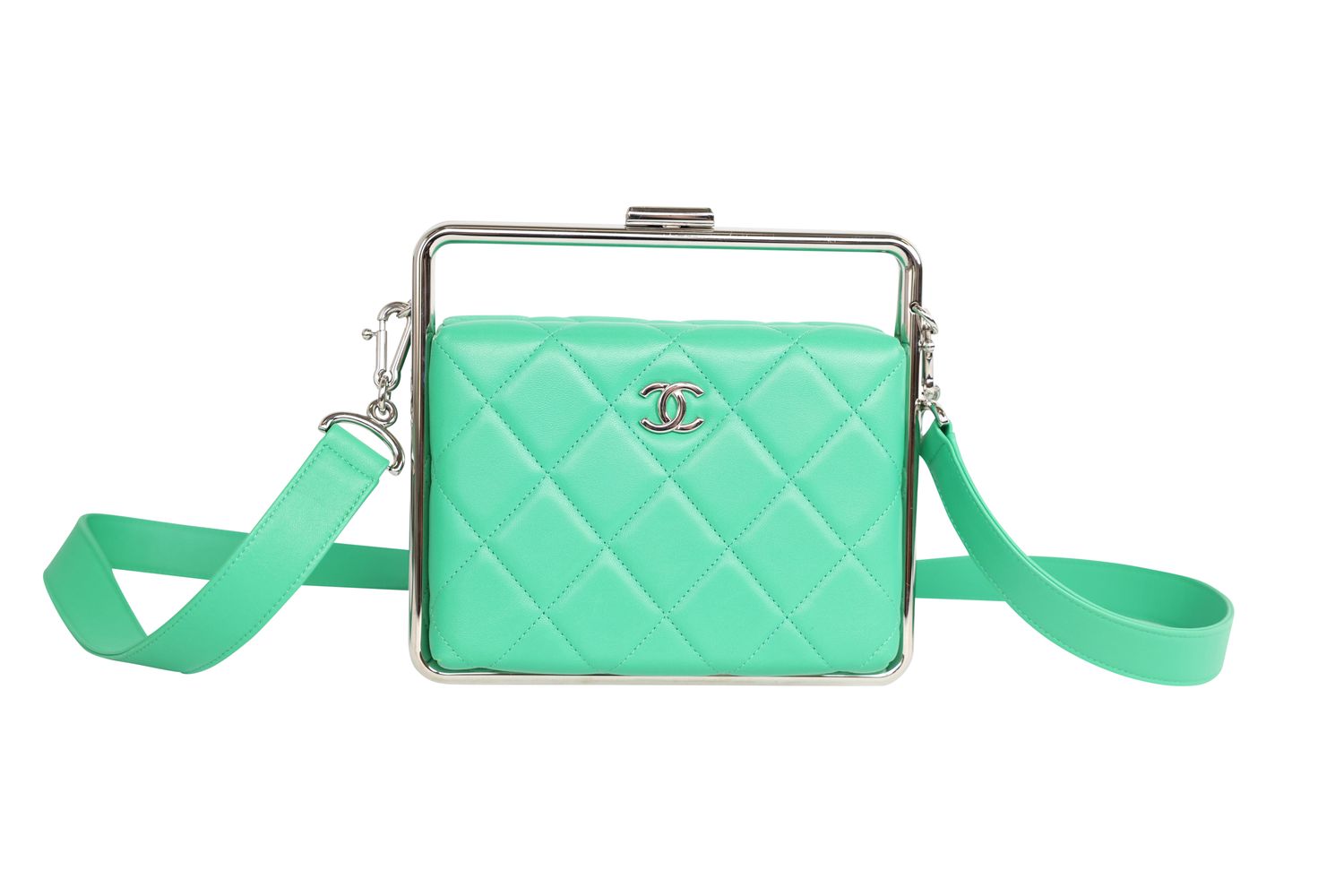 Chanel Metal Bar 20S Clutch Bag, Green Quilted Lambskin and Silver Hardware, Preowned in Dustbag WA001