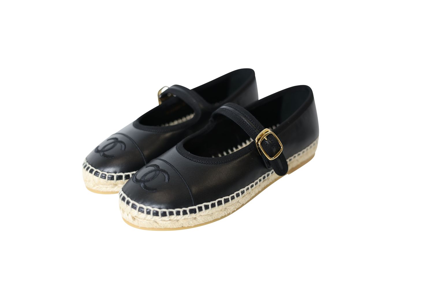 Chanel Mary Jane Espadrilles 26S Shoes, Black Lambskin Leather, Size 36, New in Box WA001