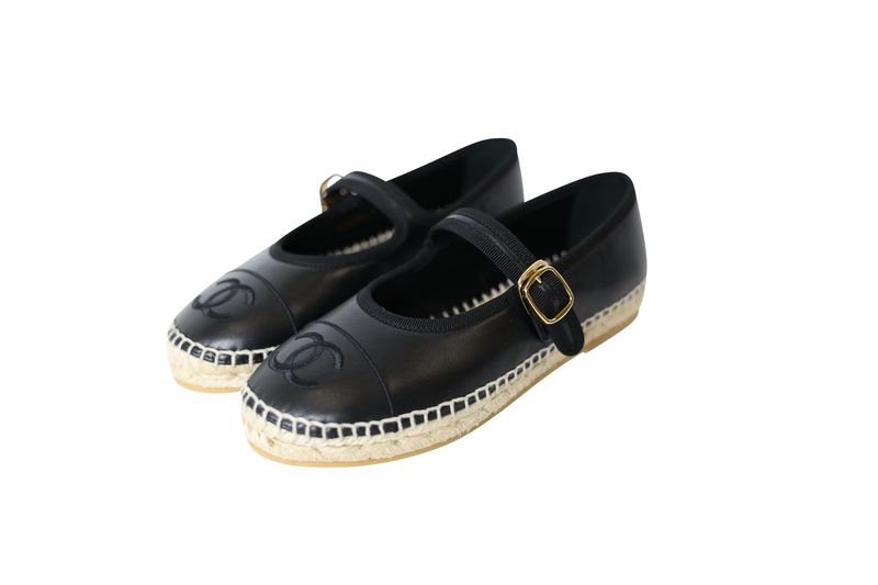 Chanel Mary Jane Espadrilles 26S Shoes, Black Lambskin Leather, Size 36, New in Box WA001