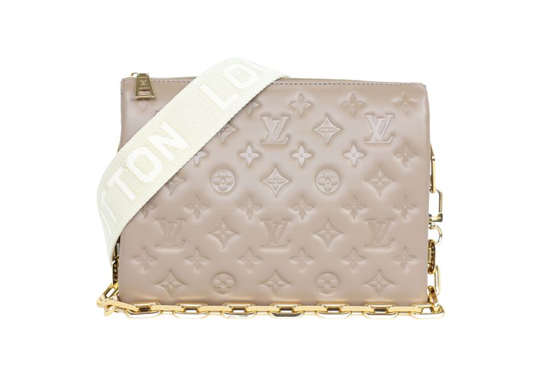 Louis Vuitton Coussin PM Bag, Beige Monogram Embossed Lambskin and Gold Hardware, Preowned in Dustbag WA001