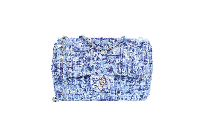 Chanel Classic Mini Rectangular Bag, Blue Tweed with Sequins and Silver Hardware, New in Dustbag WA001