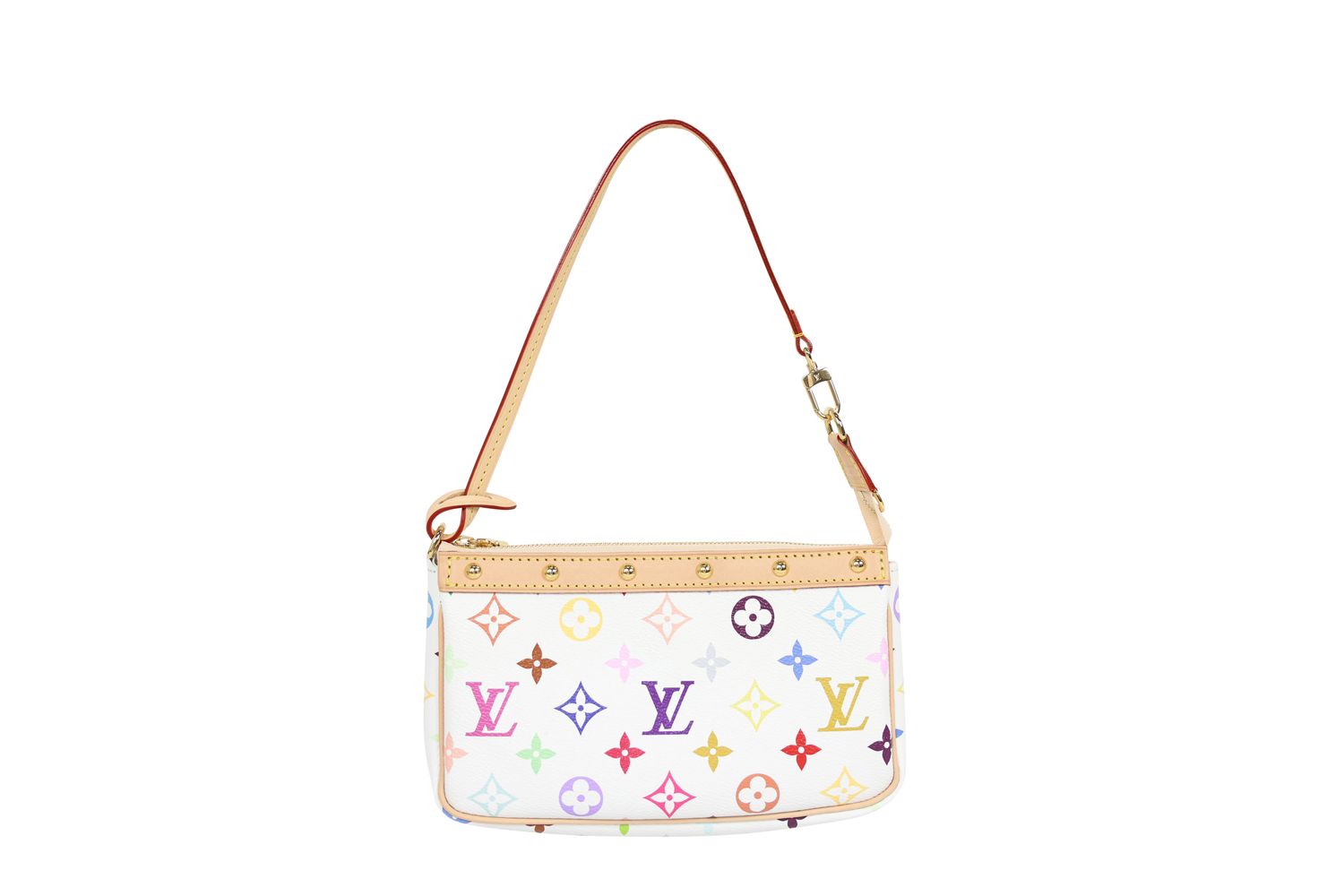 Louis Vuitton x Takashi Murakami Pochette Accessoires Bag, White Multicolor Monogram Canvas and Natural Leather with Gold Hardware, Preowned in Box WA001