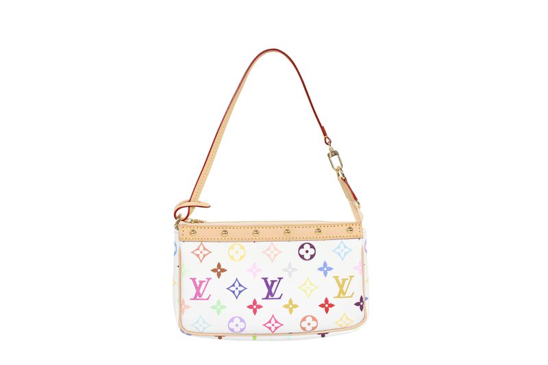Louis Vuitton x Takashi Murakami Pochette Accessoires Bag, White Multicolor Monogram Canvas and Natural Leather with Gold Hardware, Preowned in Box WA001 Louis Vuitton x Takashi Murakami Pochette Accessoires Bag, White Multicolor Monogram Canvas and Natural Leather with Gold Hardware, Preowned in Box WA001