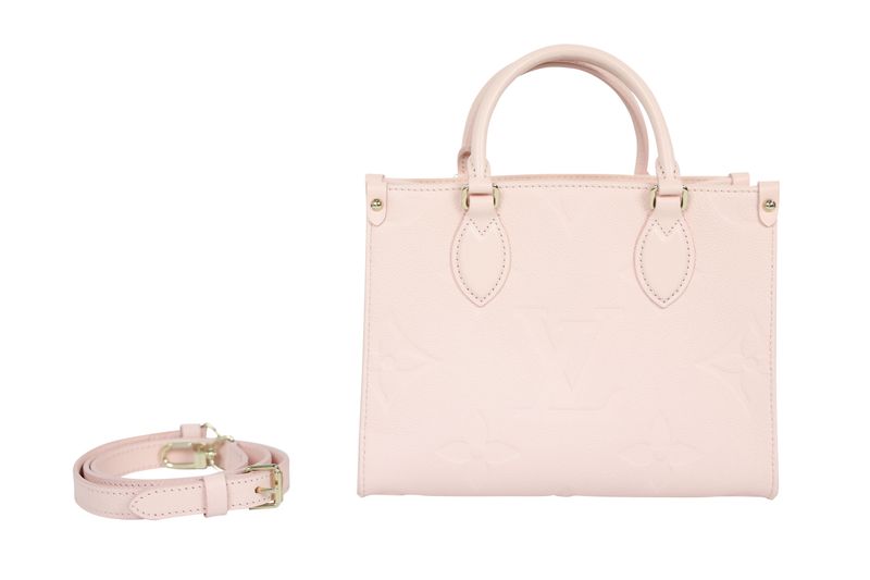 Louis Vuitton OnTheGo PM Tote Bag, Pink Monogram Empreinte Leather and Gold Hardware, Preowned in Box WA001 Louis Vuitton OnTheGo PM Tote Bag, Pink Monogram Empreinte Leather and Gold Hardware, Preowned in Box WA001