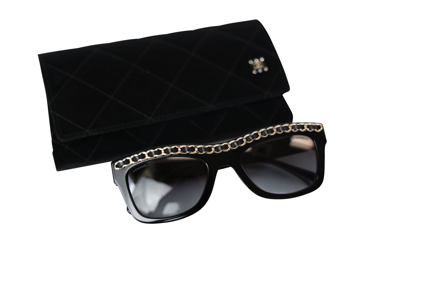 Chanel Chain Sunglasses, Black Acetate and Gold Hardware, New in Box WA001