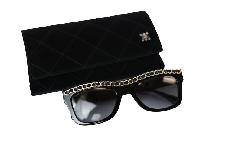 Chanel Chain Sunglasses, Black Acetate and Gold Hardware, New in Box WA001