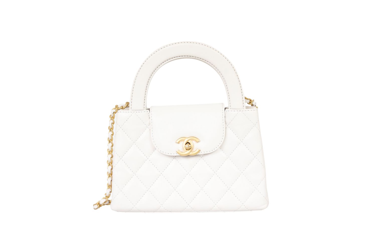 Chanel Kelly 23K Mini Shopper Bag, White Quilted Leather and Gold Hardware, Preowned in Box WA001
