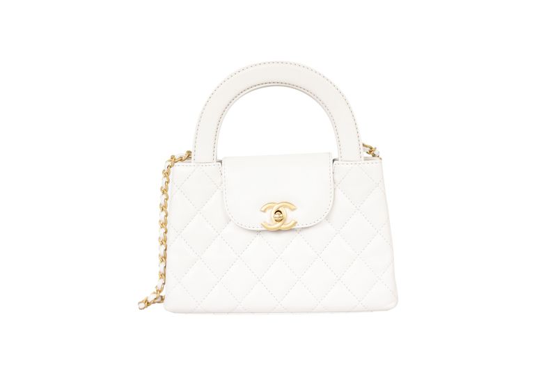 Chanel Kelly 23K Mini Shopper Bag, White Quilted Leather and Gold Hardware, Preowned in Box WA001 Chanel Kelly 23K Mini Shopper Bag, White Quilted Leather and Gold Hardware, Preowned in Box WA001