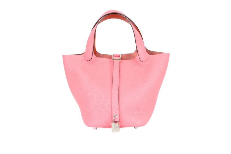 Hermes Picotin Lock 18 Bag, Pink Rose Azalee Taurillon Clemence Leather and Palladium Hardware, Y 2020 Stamp, Preowned in Box WA001 Hermes Picotin Lock 18 Bag, Pink Rose Azalee Taurillon Clemence Leather and Palladium Hardware, Y 2020 Stamp, Preowned in Box WA001