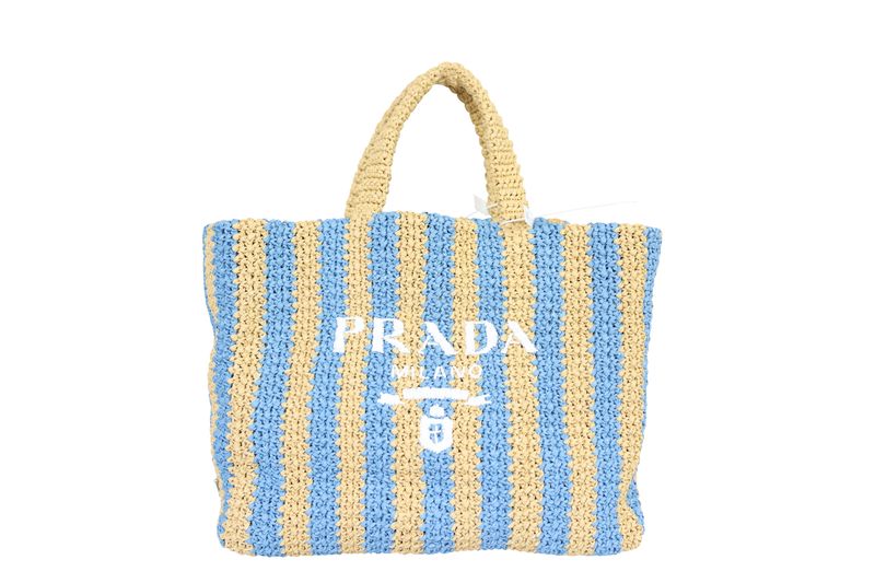 Prada Striped Shopping Tote Bag, Blue and Natural Raffia Yarn, New in Box WA001 Prada Striped Shopping Tote Bag, Blue and Natural Raffia Yarn, New in Box WA001