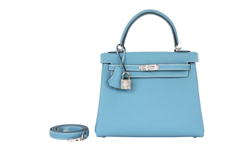 Hermes Kelly 25 Handbag, Blue Bleu Jean Togo with Palladium Hardware, G 2026 Stamp, New in Box WA001 Hermes Kelly 25 Handbag, Blue Bleu Jean Togo with Palladium Hardware, G 2026 Stamp, New in Box WA001