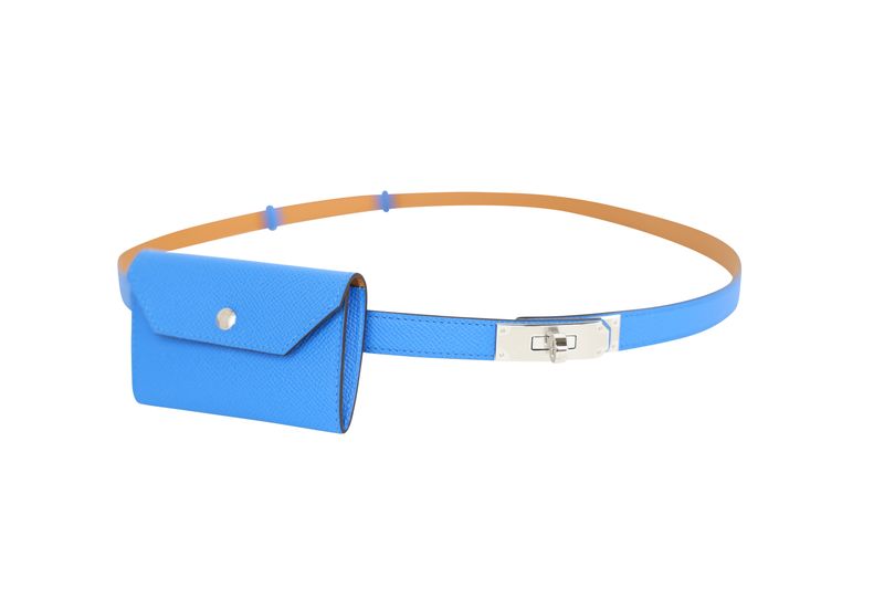 Hermes Kelly Pocket 18 Belt, Blue Bleu Hydra Epsom Calfskin and Palladium Hardware, G 2026 Stamp, New in Box WA001 Hermes Kelly Pocket 18 Belt, Blue Bleu Hydra Epsom Calfskin and Palladium Hardware, G 2026 Stamp, New in Box WA001