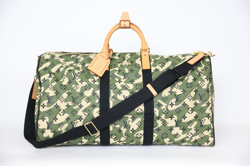 Louis Vuitton x Takashi Murakami Keepall Bandouliere 55 Travel Bag, Green Monogramouflage Canvas and Gold Hardware, Preowned No Dustbag WA001