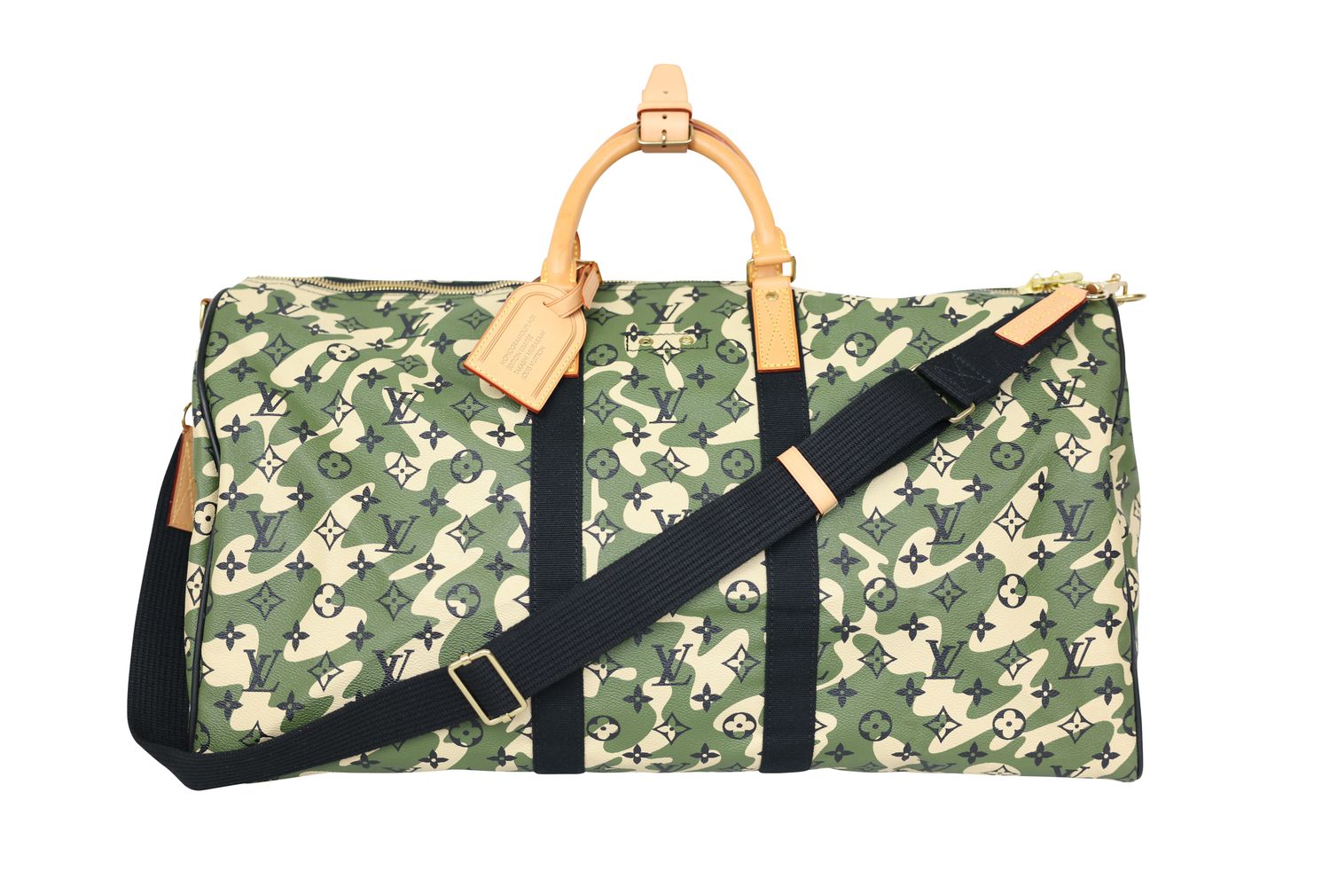 Louis Vuitton x Takashi Murakami Keepall Bandouliere 55 Travel Bag, Green Monogramouflage Canvas and Gold Hardware, Preowned No Dustbag WA001