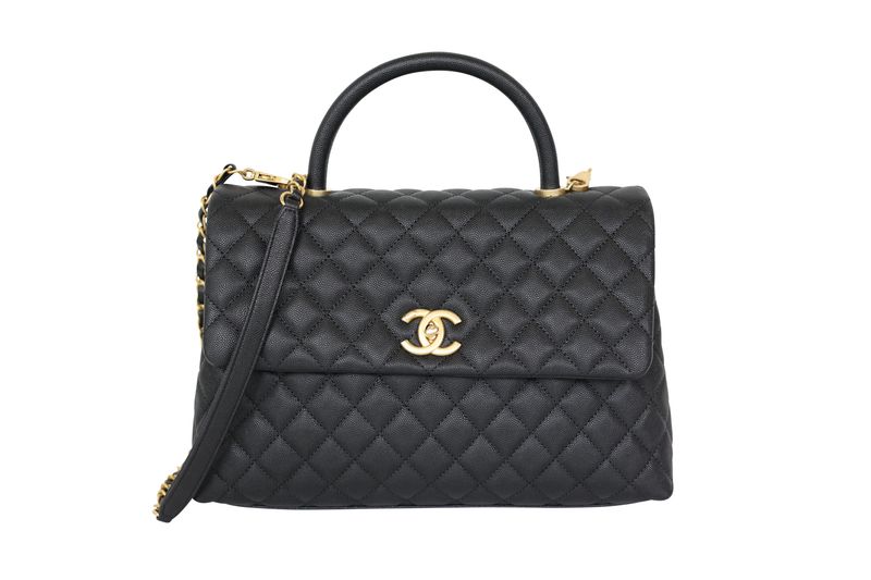 Chanel Coco Handle Medium Bag, Black Quilted Caviar Leather and Gold Hardware, Preowned in Box WA001